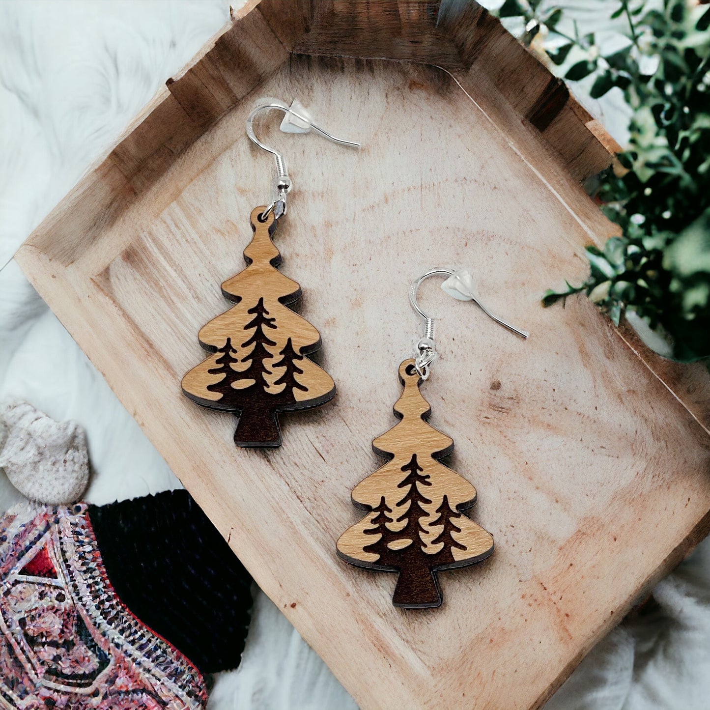 Layered Pine Tree Earrings – Rustic Woodland Forest Jewelry