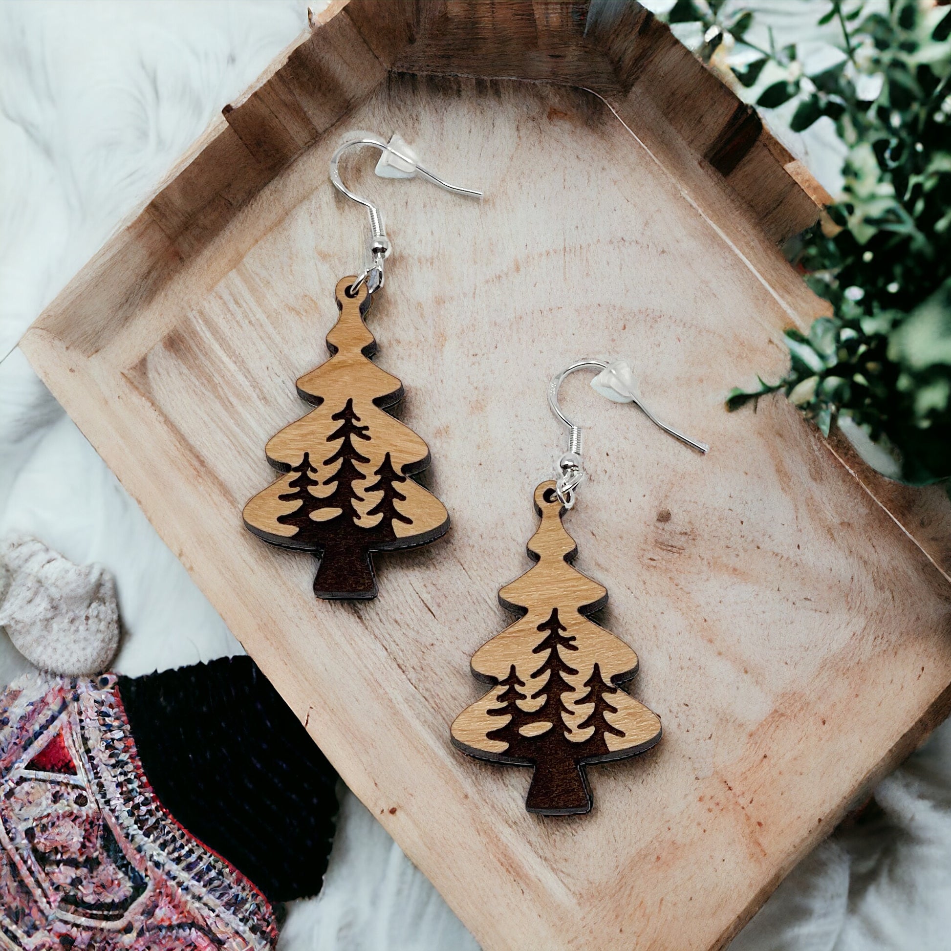 Layered Pine Tree Earrings – Rustic Woodland Forest Jewelry