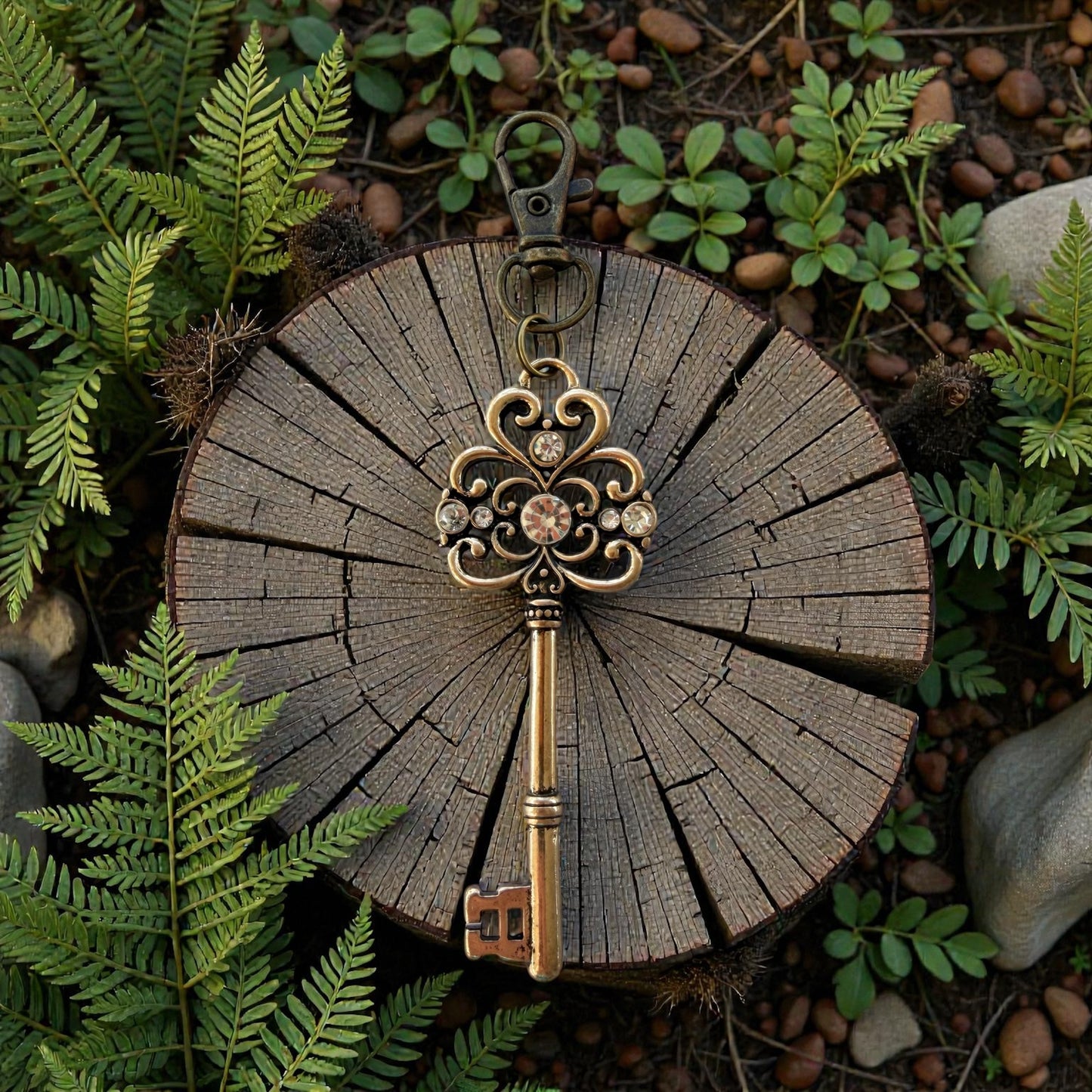 Vintage Rhinestone Key Purse Charm – Antique Gold Bag Accessory