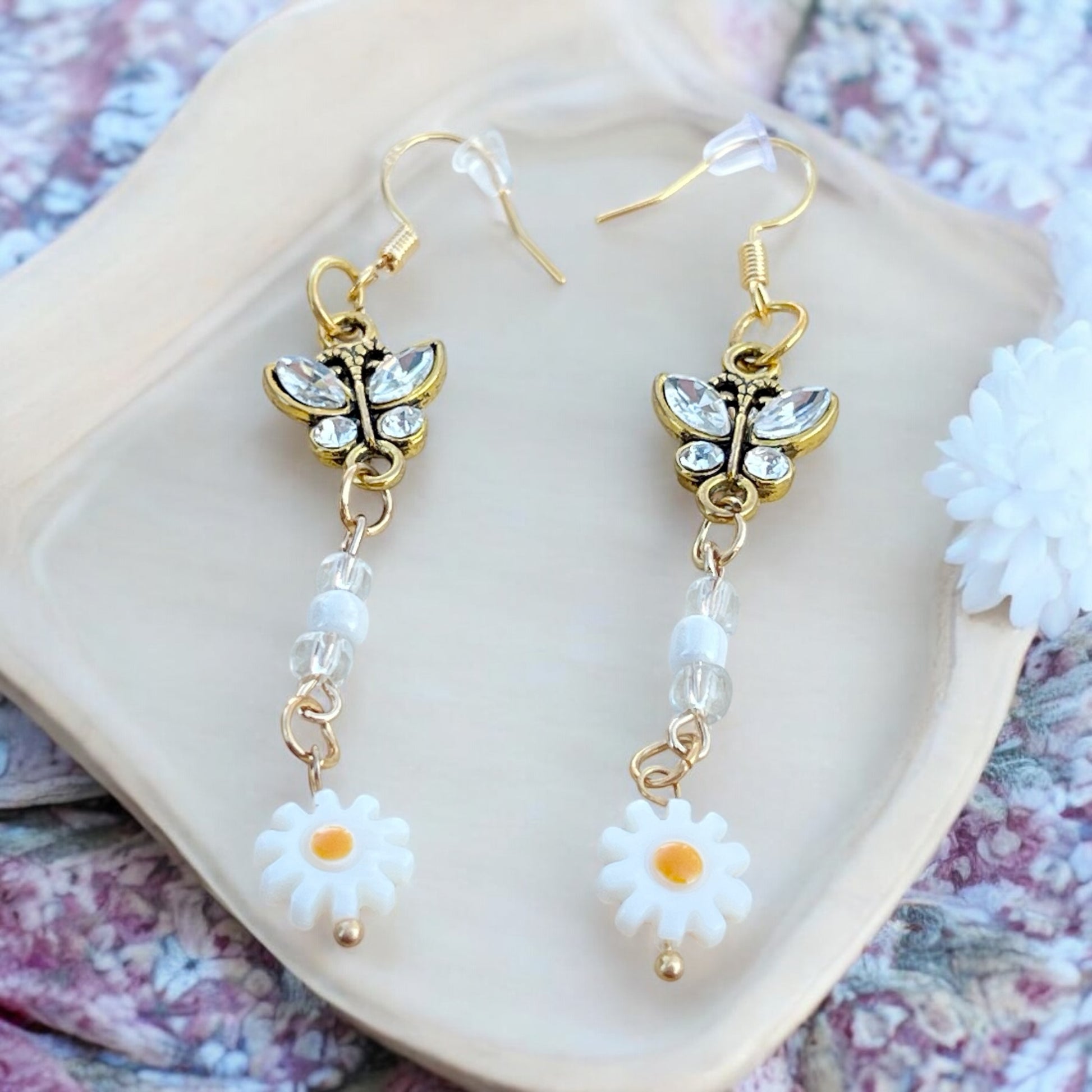 Butterfly & Daisy Earrings – Handmade Gold Floral Dangles