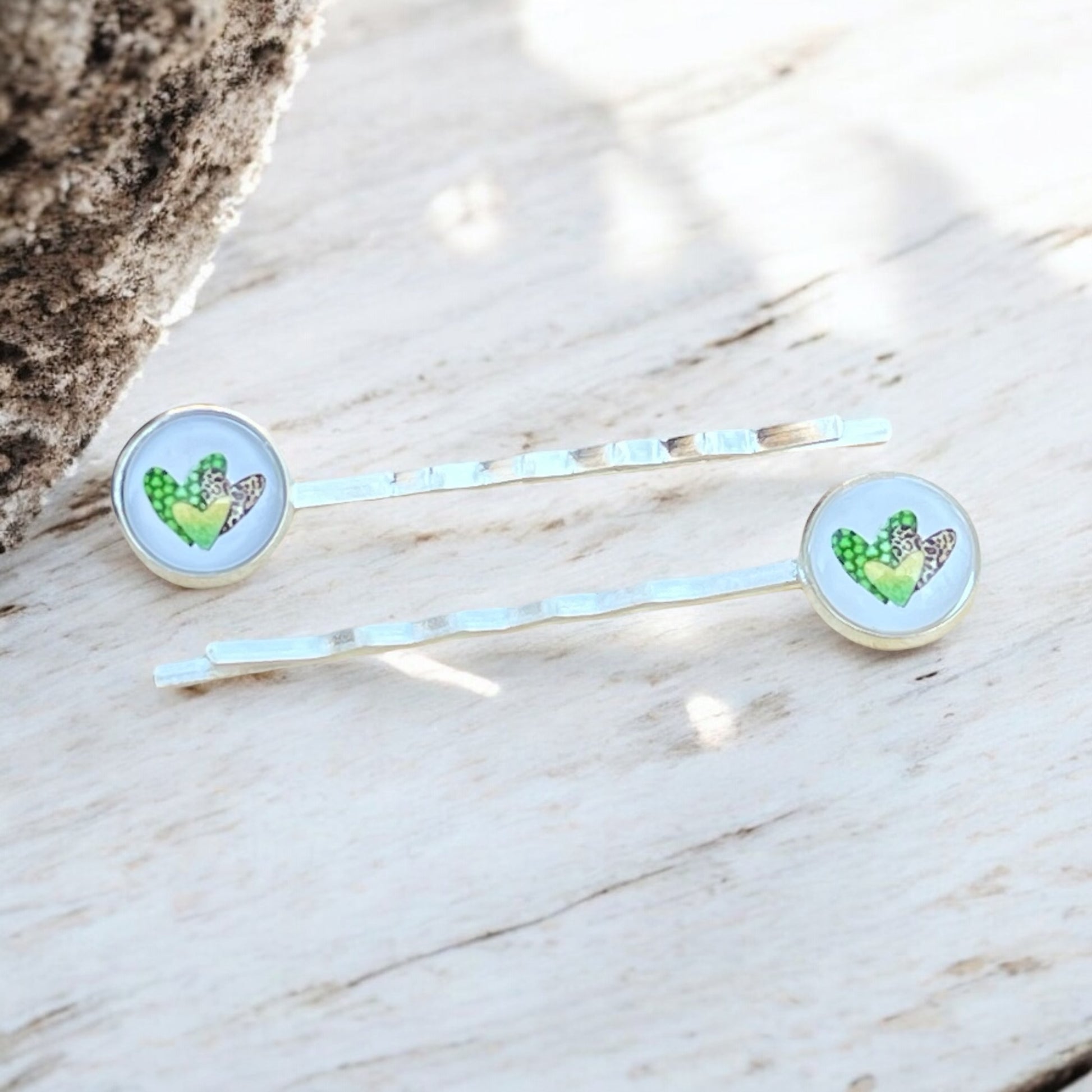Animal Print Heart Hair Pins – Set of 2 Silver Accessories
