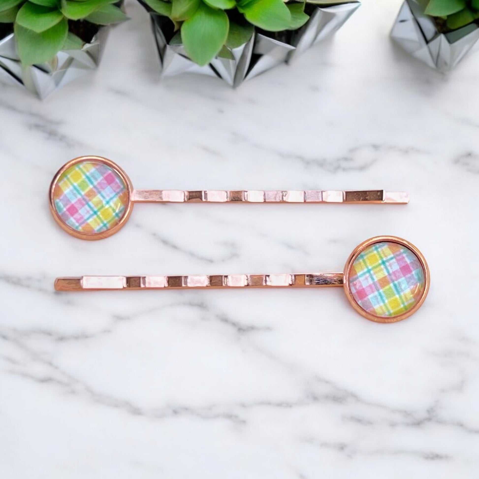 Pastel Plaid Hair Pins – Set of 2 Spring Accessories in Rose Gold