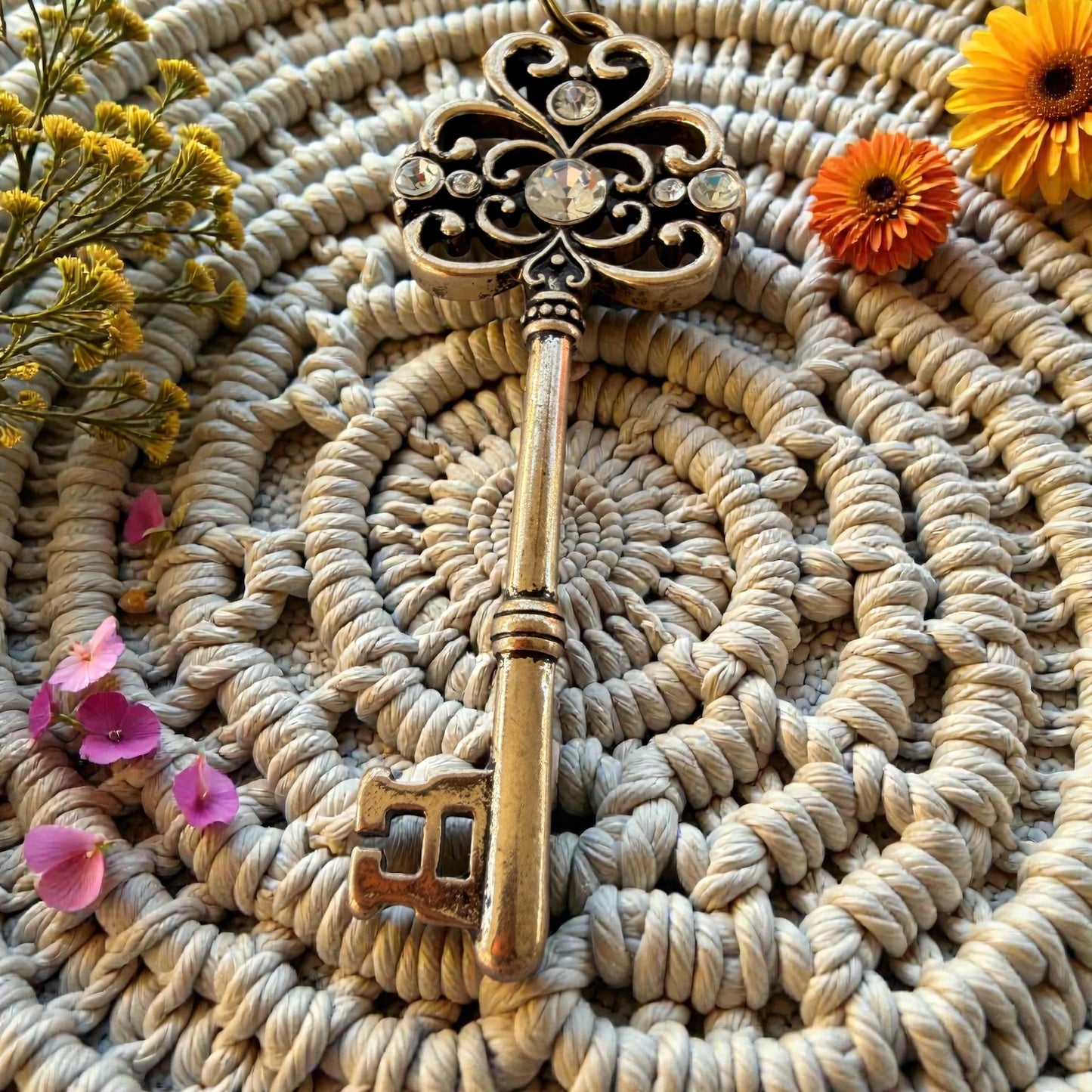 Vintage Rhinestone Key Purse Charm – Antique Gold Bag Accessory