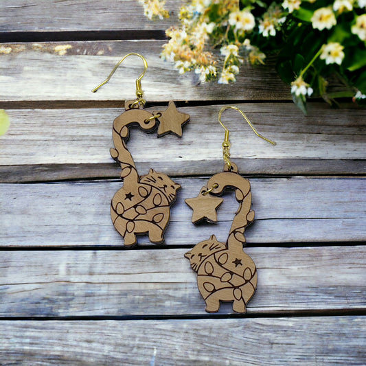 Cat Earrings, Wood Dangle Star Earrings, Cute Feline Spring Gifts for Cat Lover Girlfriend, Adorable Animal Jewelry, Womens Boho Earring Set