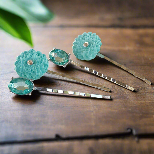 Mint Green Flower Bobby Pins - Set of 4 Green Floral & Rhinestone Hair Pins