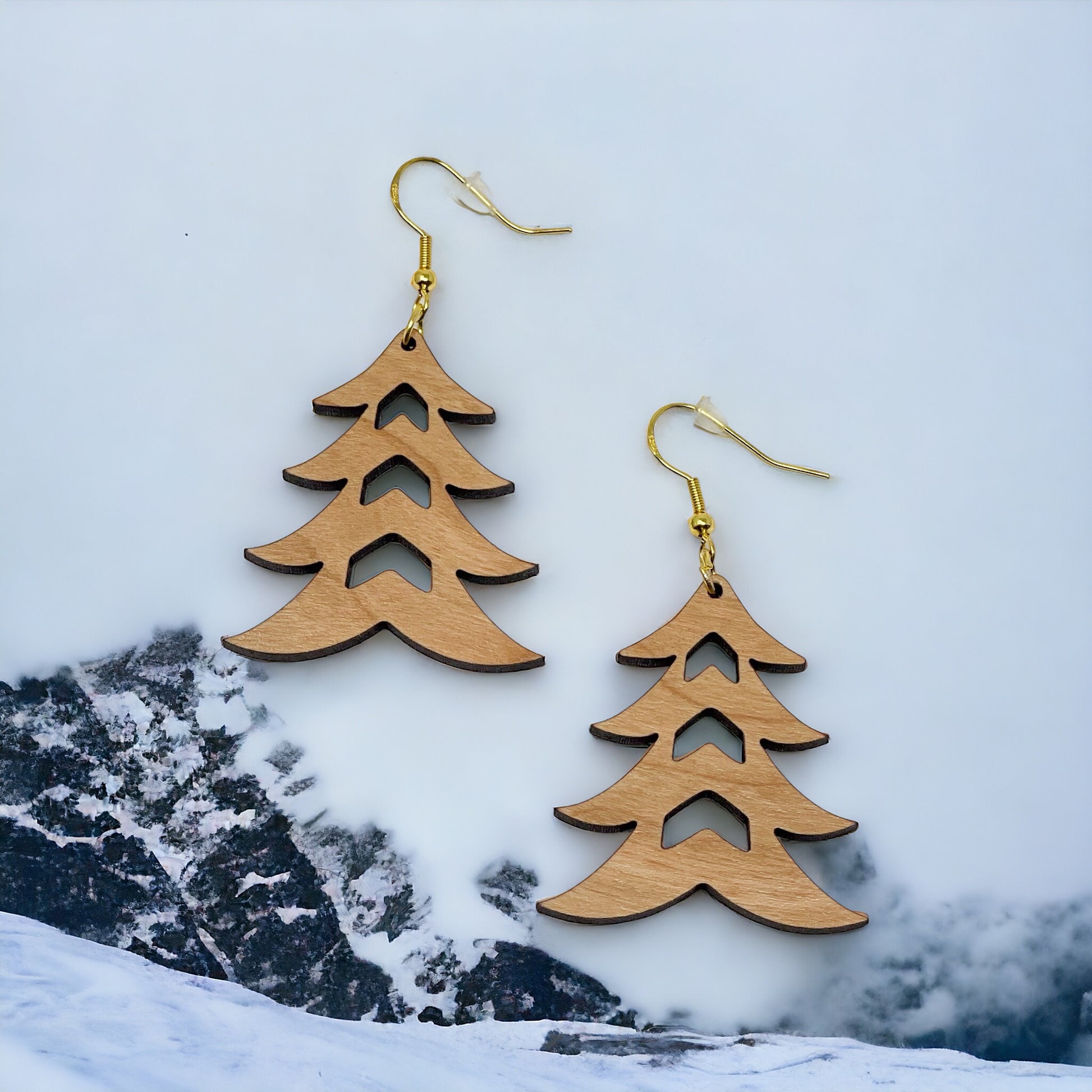 Rustic Tree Cutout Earrings – Wooden Christmas Tree Dangle Earrings
