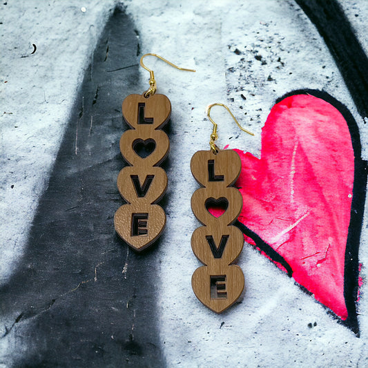 Stacked LOVE Heart Earrings – Bold Wooden Valentine’s Jewelry