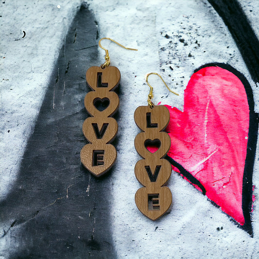 Heart Earrings with Cutout Letters that Spell Love - Rustic Valentine's Dangle Earrings