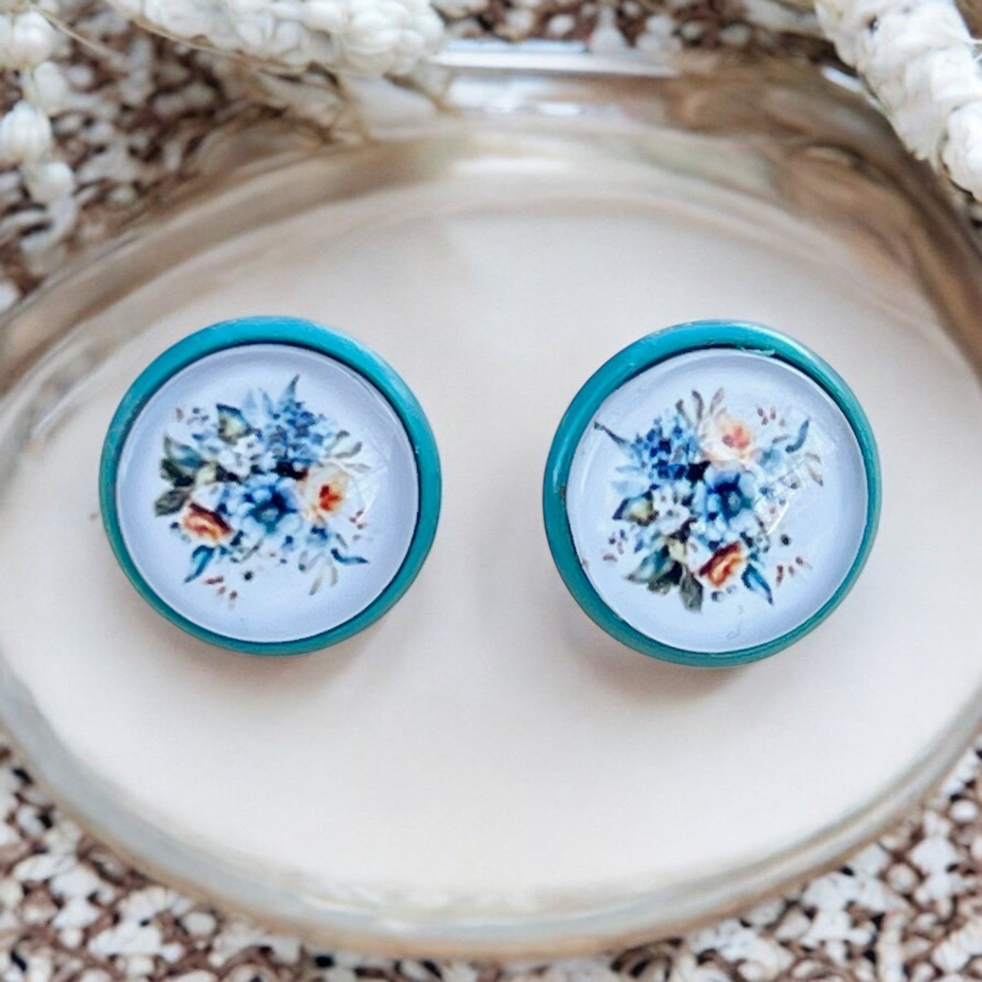Blue Floral Stud Earrings – Handmade Vintage Cottagecore Jewelry
