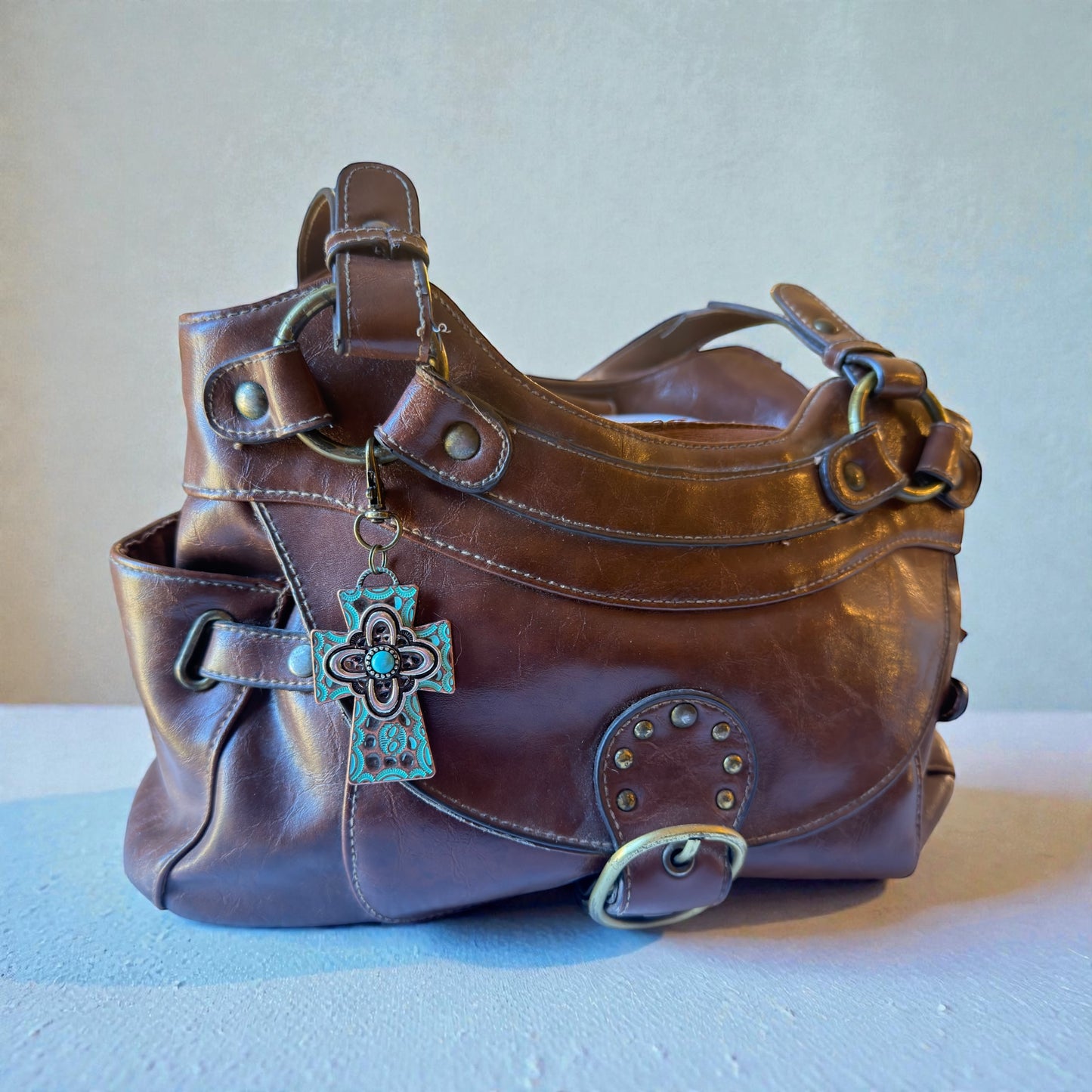 Turquoise Cross Purse Charm – Rustic Western Faith Accessory