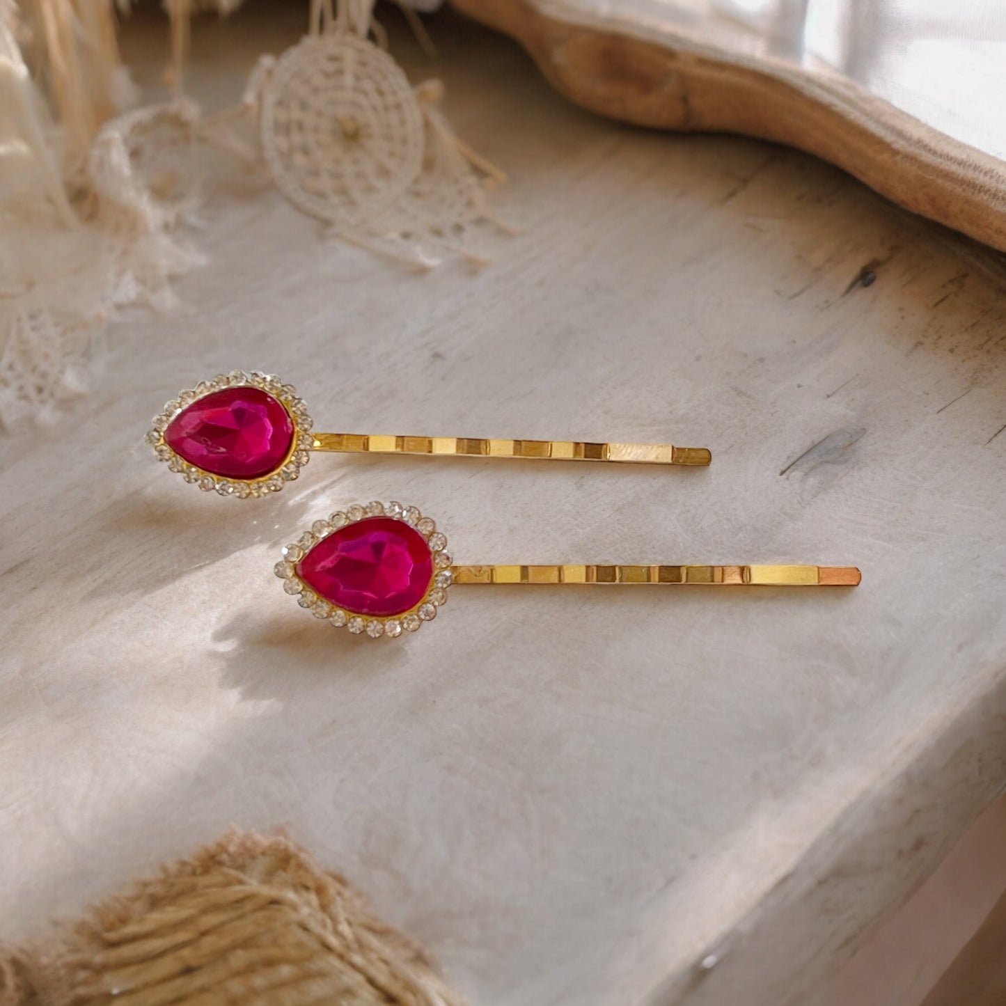 Hot Pink Teardrop Hair Pins – Set of 2 Boho Glam Accessories