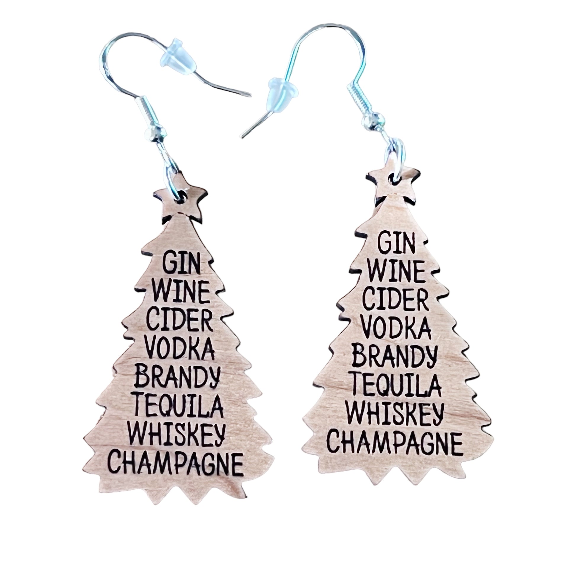 Holiday Drink List Tree Earrings – Funny Wooden Christmas Jewelry