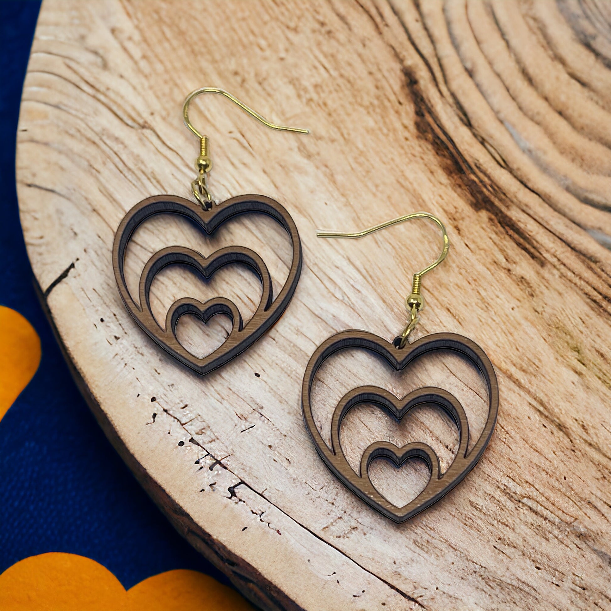 Nested Triple Heart Wood Earrings, Rustic Valentines Dangle Earrings, Cute Holiday Earrings, Wooden Cutout Earrings, Country Western Boho Jewelry