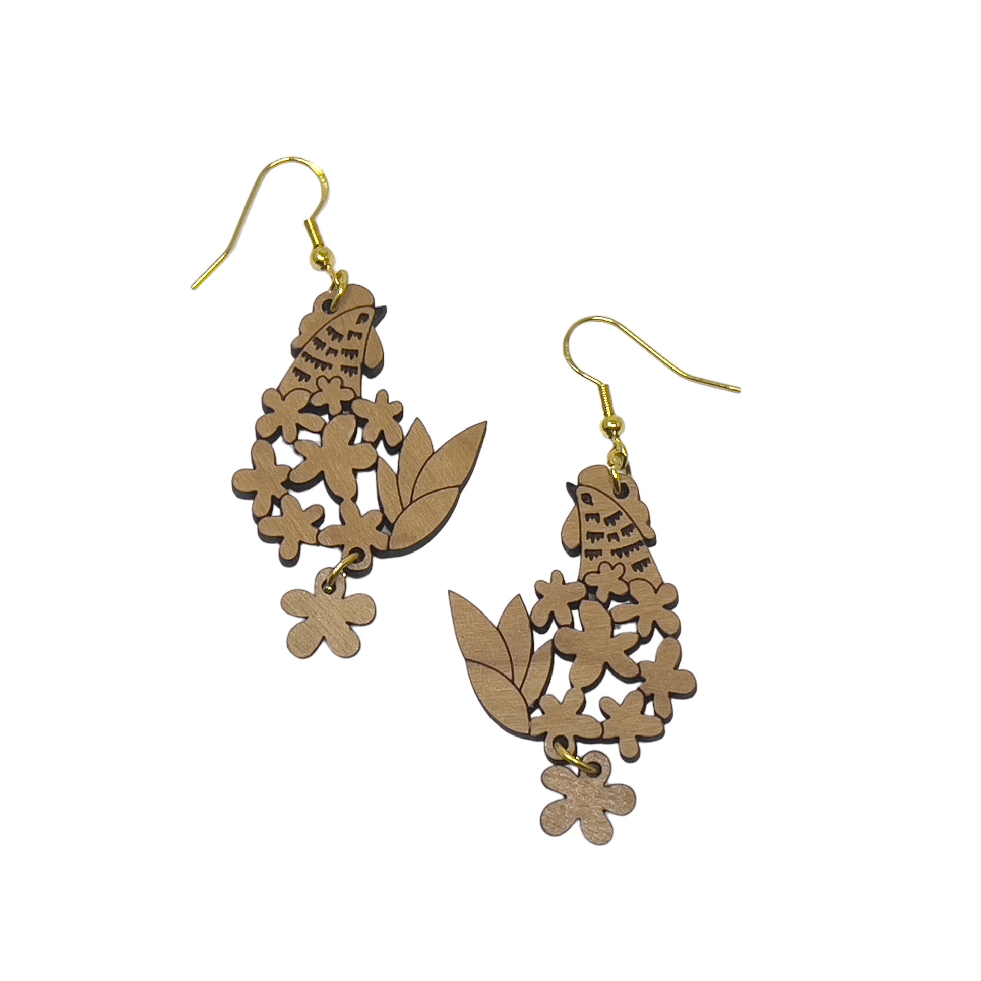 Floral Chicken Wood Earrings – Boho Farmhouse Nature Jewelry