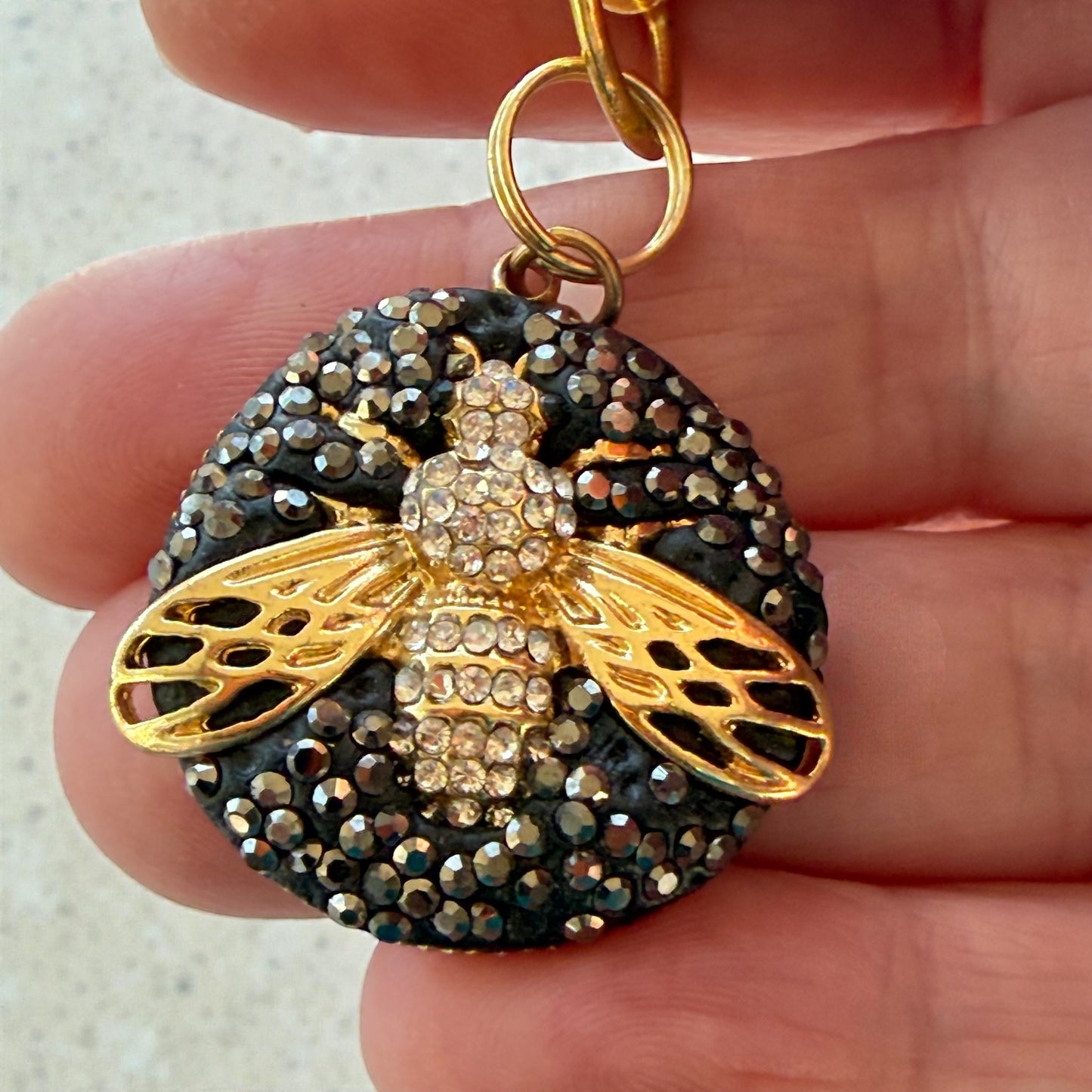 Black Druzy Bee Purse Charm – Gold Sparkle Rhinestone Keychain
