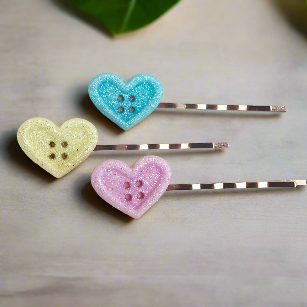 Pink, Yellow & Blue Glitter Heart Hair Pins - Sparkling Bobby Pins