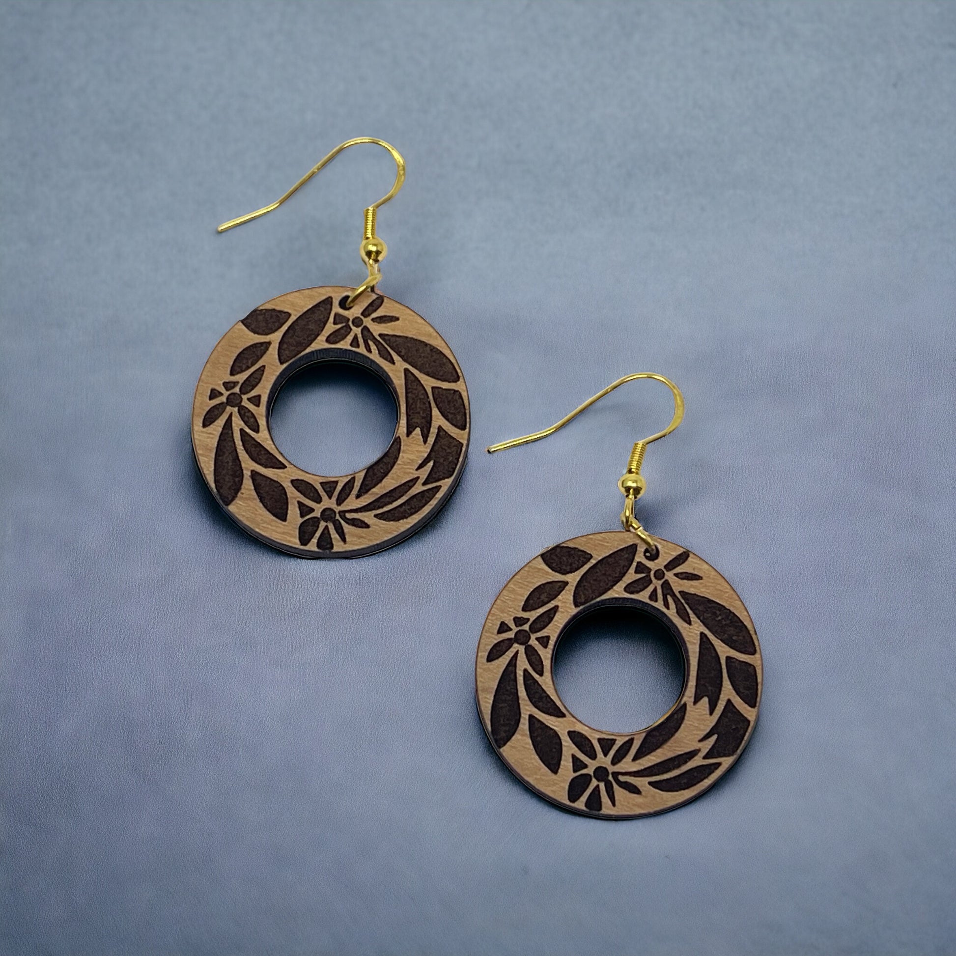 Etched Floral Circle Wood Earrings – Lightweight Boho Botanical Jewelry