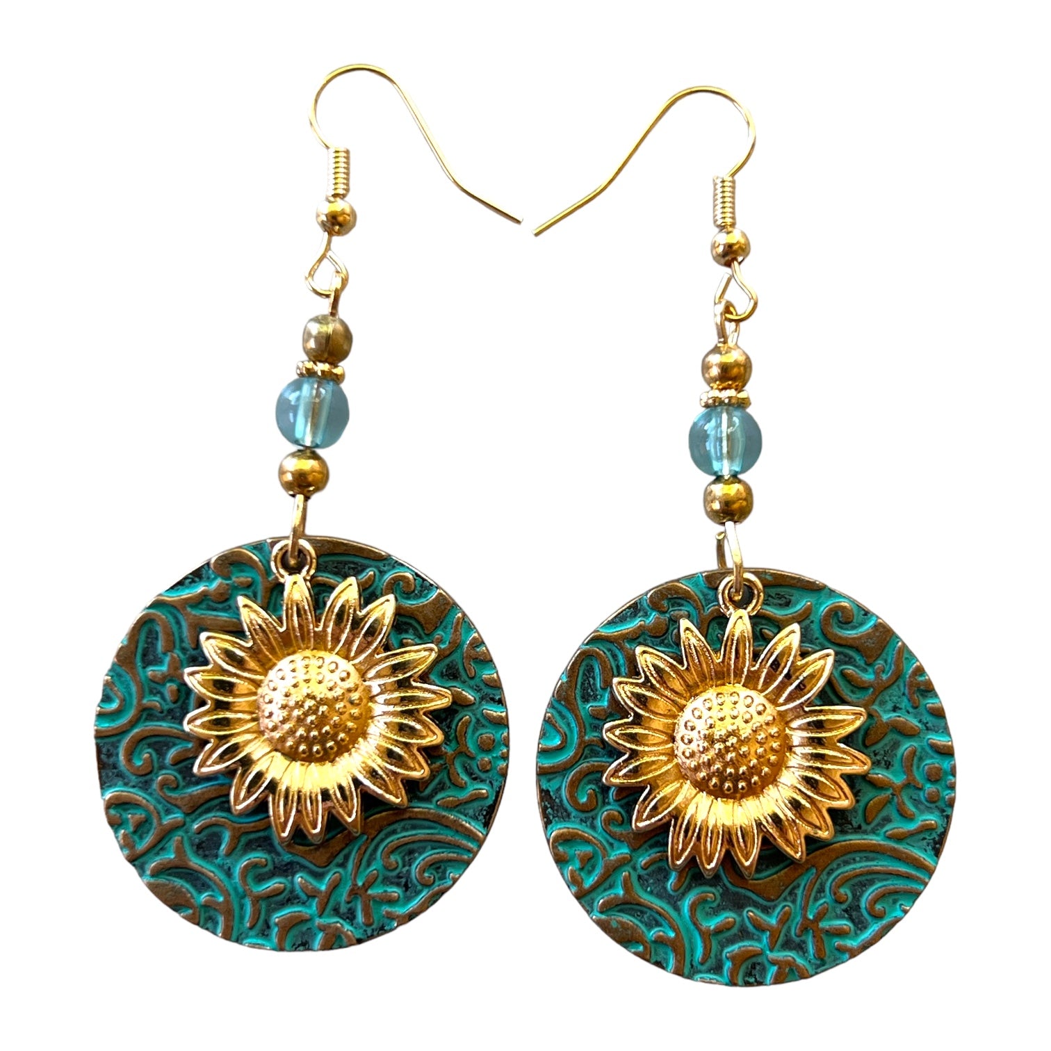 Patina Metal Dangle Earrings – Gold Sunflower Design