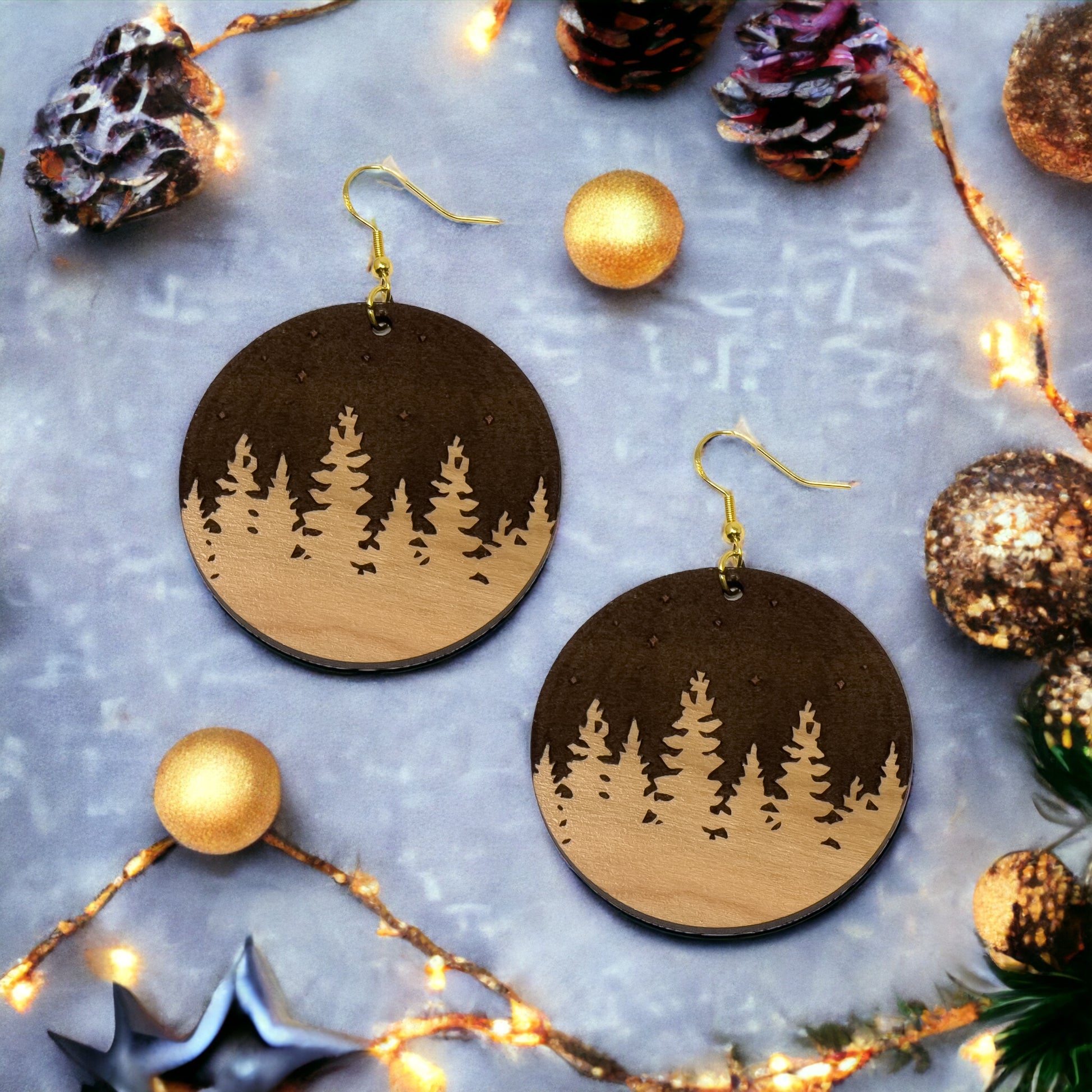 Starry Forest Circle Earrings – Dark Wood Nighttime Tree Line Jewelry