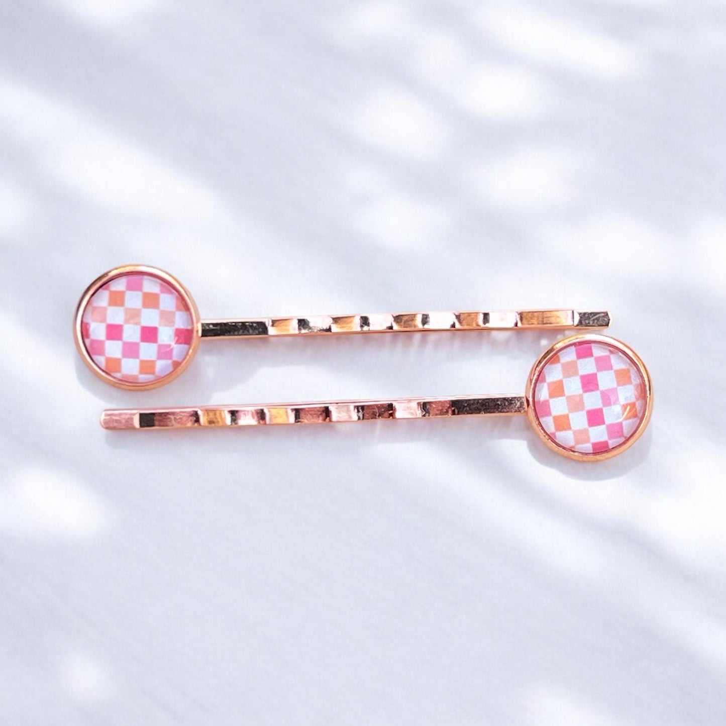 Pink & Orange Gingham Hair Pins – Set of 2 Rose Gold Accessories
