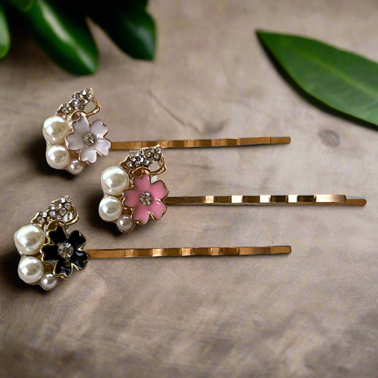 Black, White & Pink Enamel Flower Hair Pins Set of 3