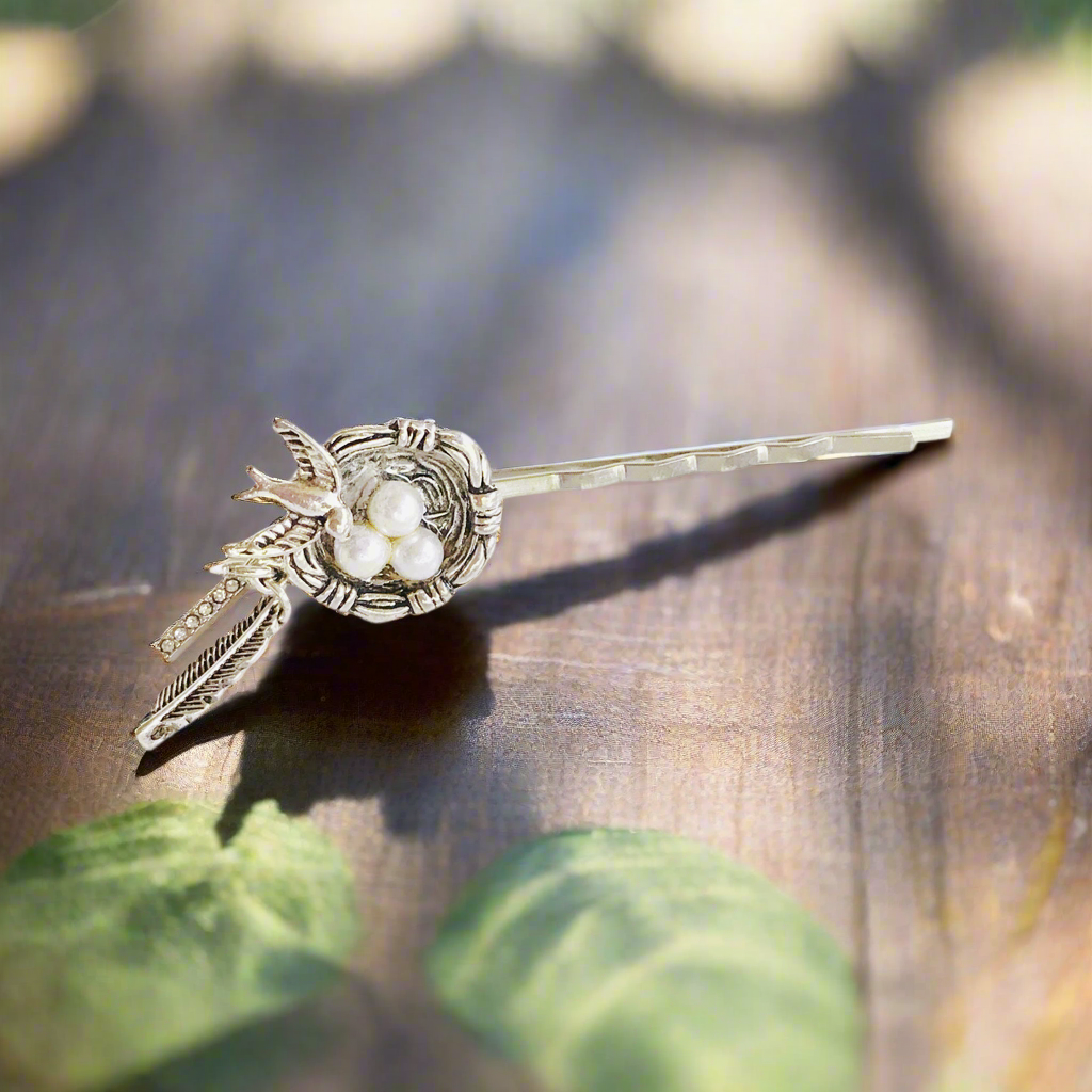 Bird Nest Hair Pin – Silver Nature Hair Accessory with Pearls & Charms