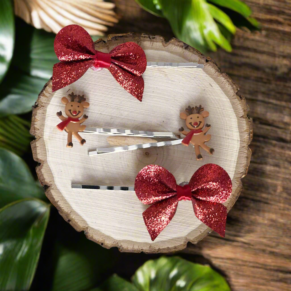 Reindeers & Red Bows Hair Pins - Festive Holiday Accessories