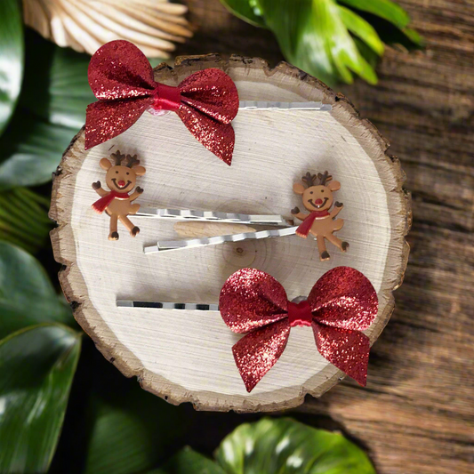 Reindeers & Red Bows Hair Pins - Festive Holiday Accessories