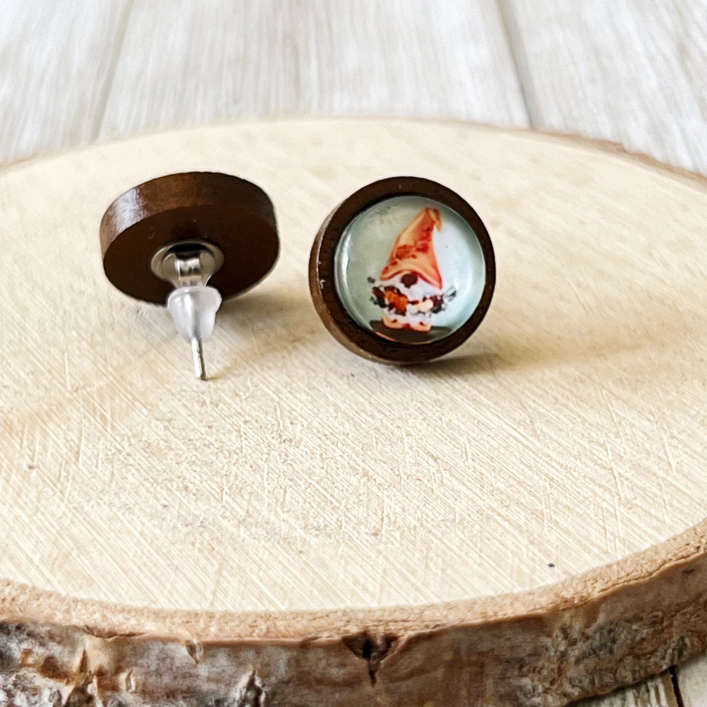 Gnome Pumpkin Stud Earrings – Whimsical Fall Harvest Jewelry in Wood