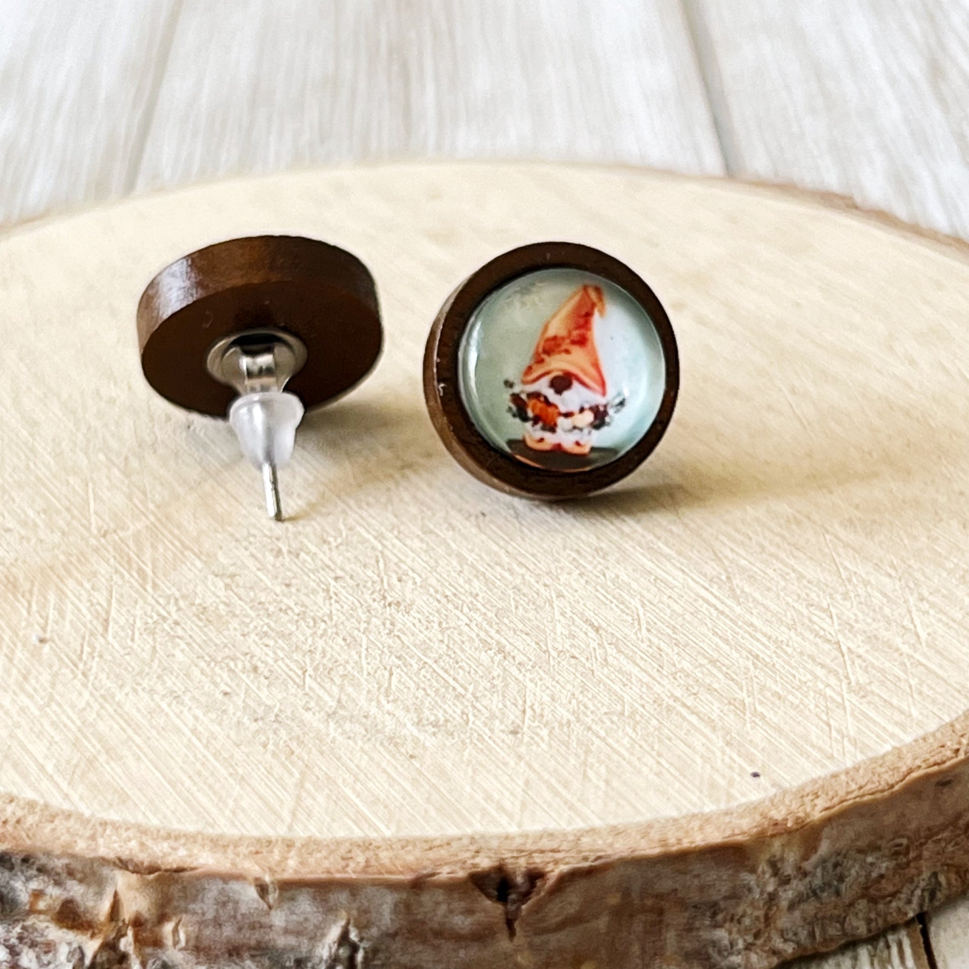 Gnome Pumpkin Stud Earrings – Whimsical Fall Harvest Jewelry in Wood