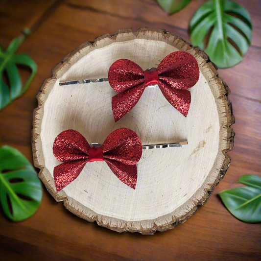 Red Glitter Bow Hair Pins - Set of 2 Elegant Dressy Bobby Pins
