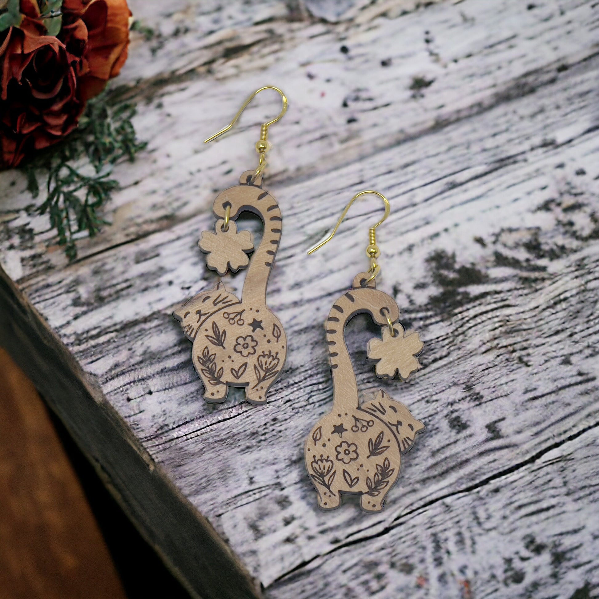 Cat Earrings, Wood Dangle Flower Earrings, Cute Feline Spring Gifts for Cat Lover Girlfriend, Adorable Animal Jewelry, Womens Earring Sets