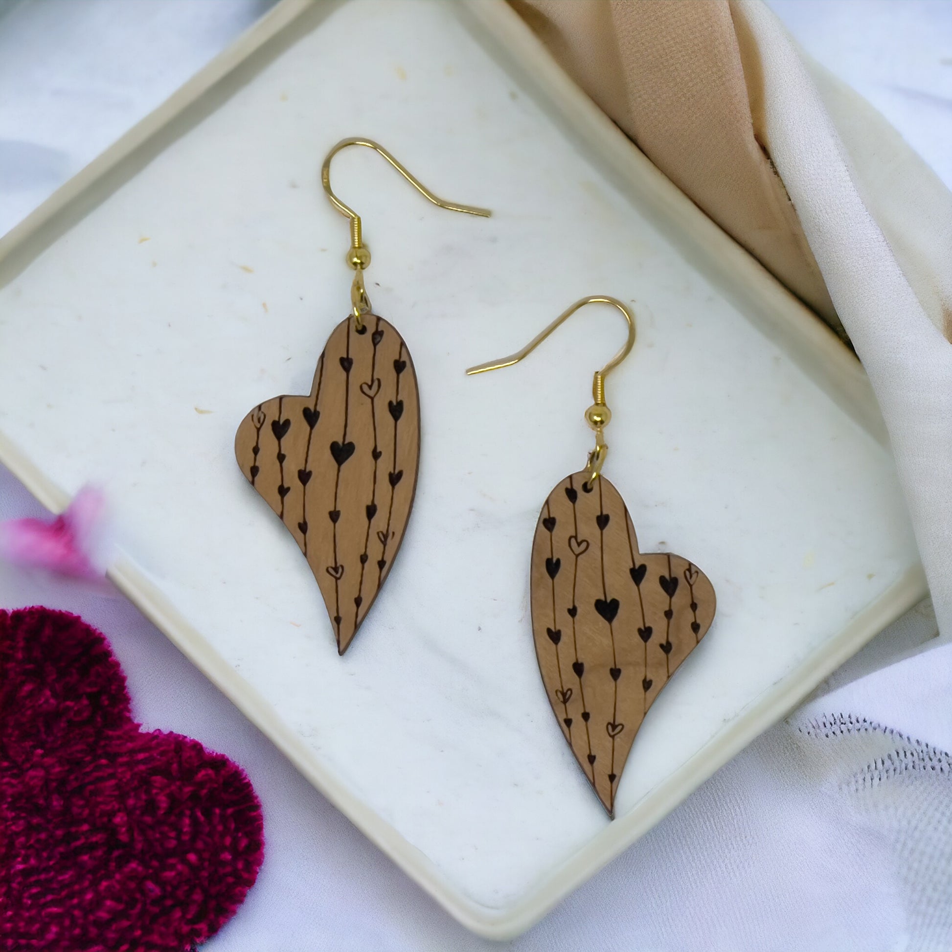 Etched Heart Drop Earrings – Asymmetrical Wooden Love Jewelry with Gold Hooks