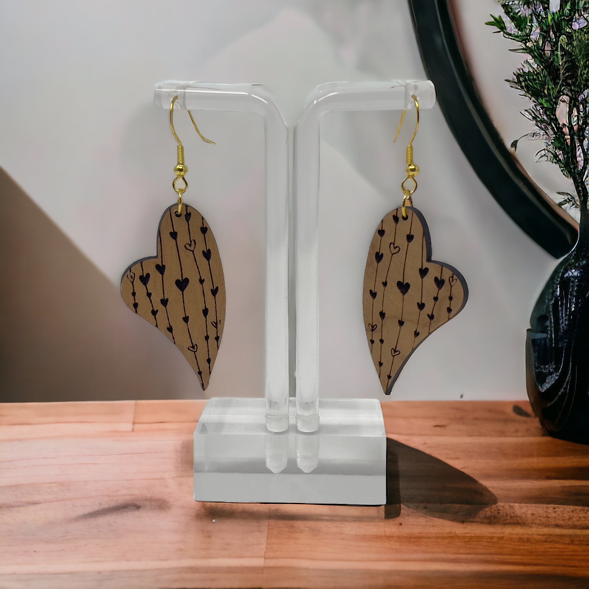 Etched Heart Drop Earrings – Asymmetrical Wooden Love Jewelry with Gold Hooks