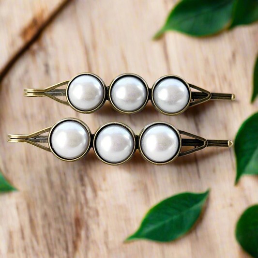 White Pearl Hair Clips, Antiqued Bronze Bridal Barrettes