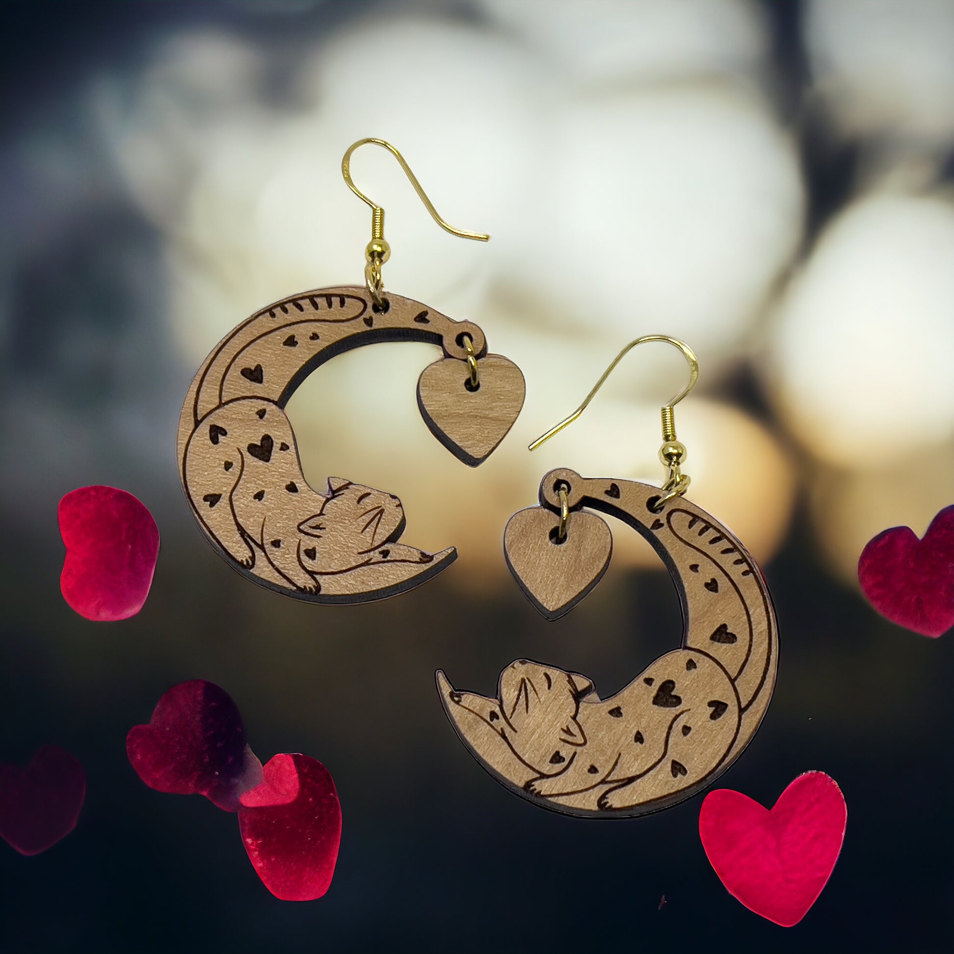 Heart Moon Cat Earrings – Whimsical Wooden Love Jewelry for Her