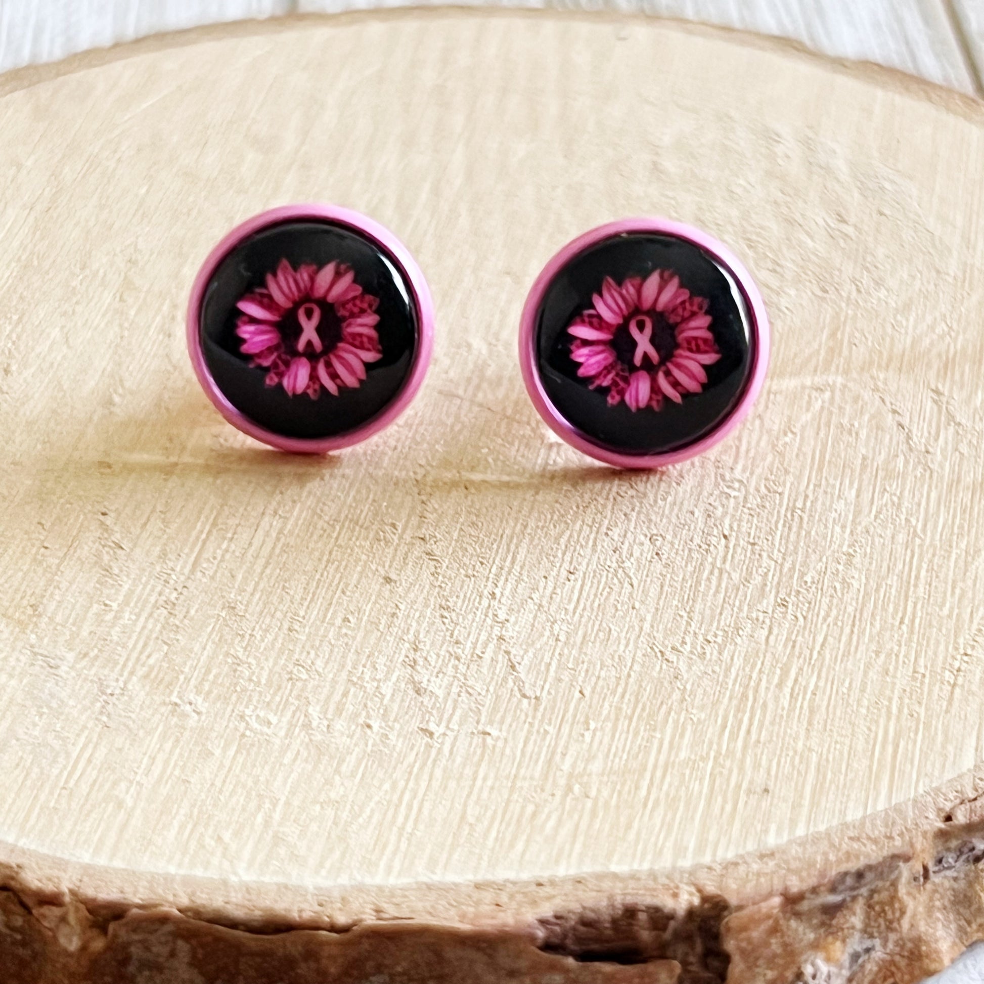 Pink Flower & Ribbon Stud Earrings – Breast Cancer Awareness Jewelry