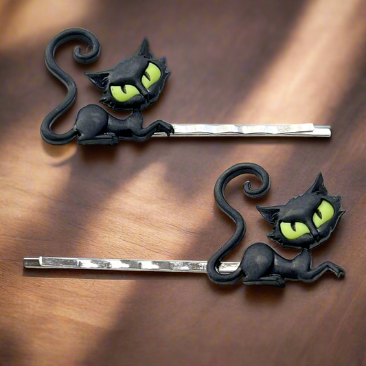 Green Halloween Black Spooky Cat Hair Pins