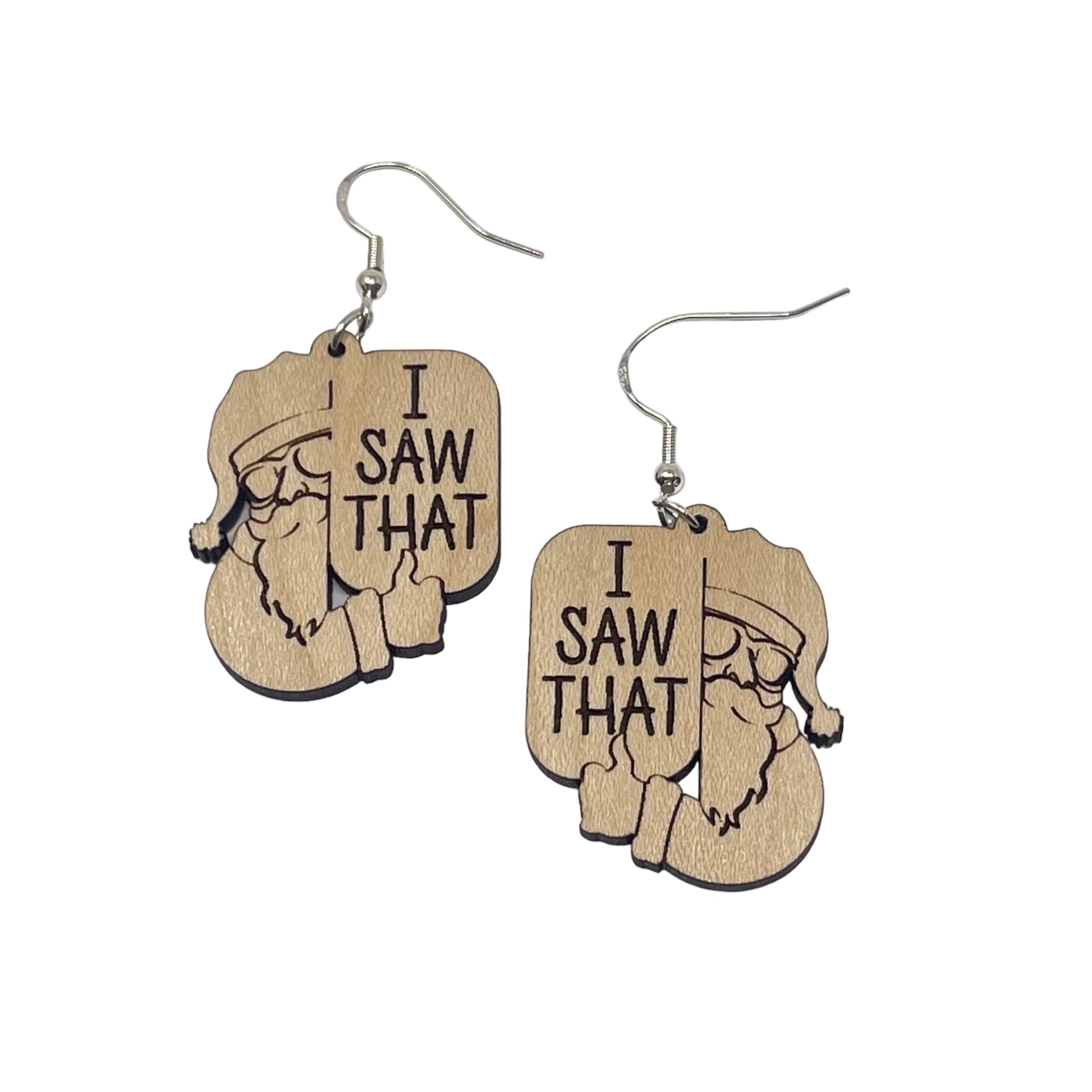 “I Saw That” Santa Earrings – Funny Etched Wood Christmas Jewelry