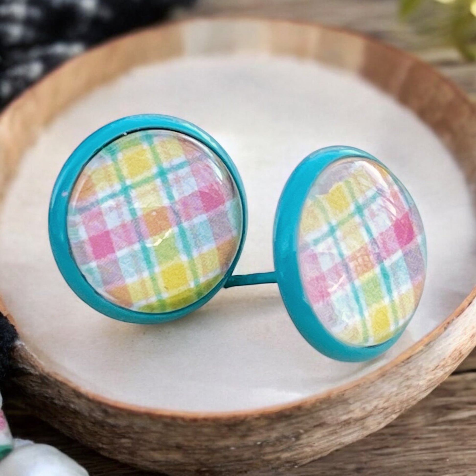 Handmade Pastel Plaid Stud Earrings – 12mm Teal Metal Setting – Spring & Easter Jewelry