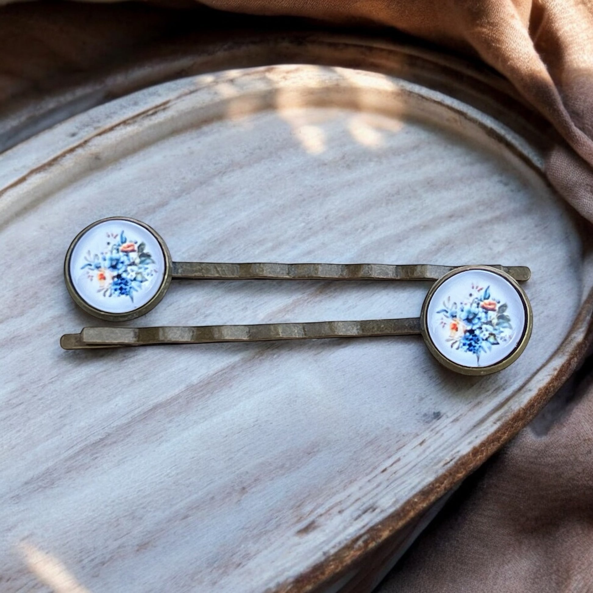 Blue Floral Hair Pins – Set of 2 Vintage Cottagecore Accessories