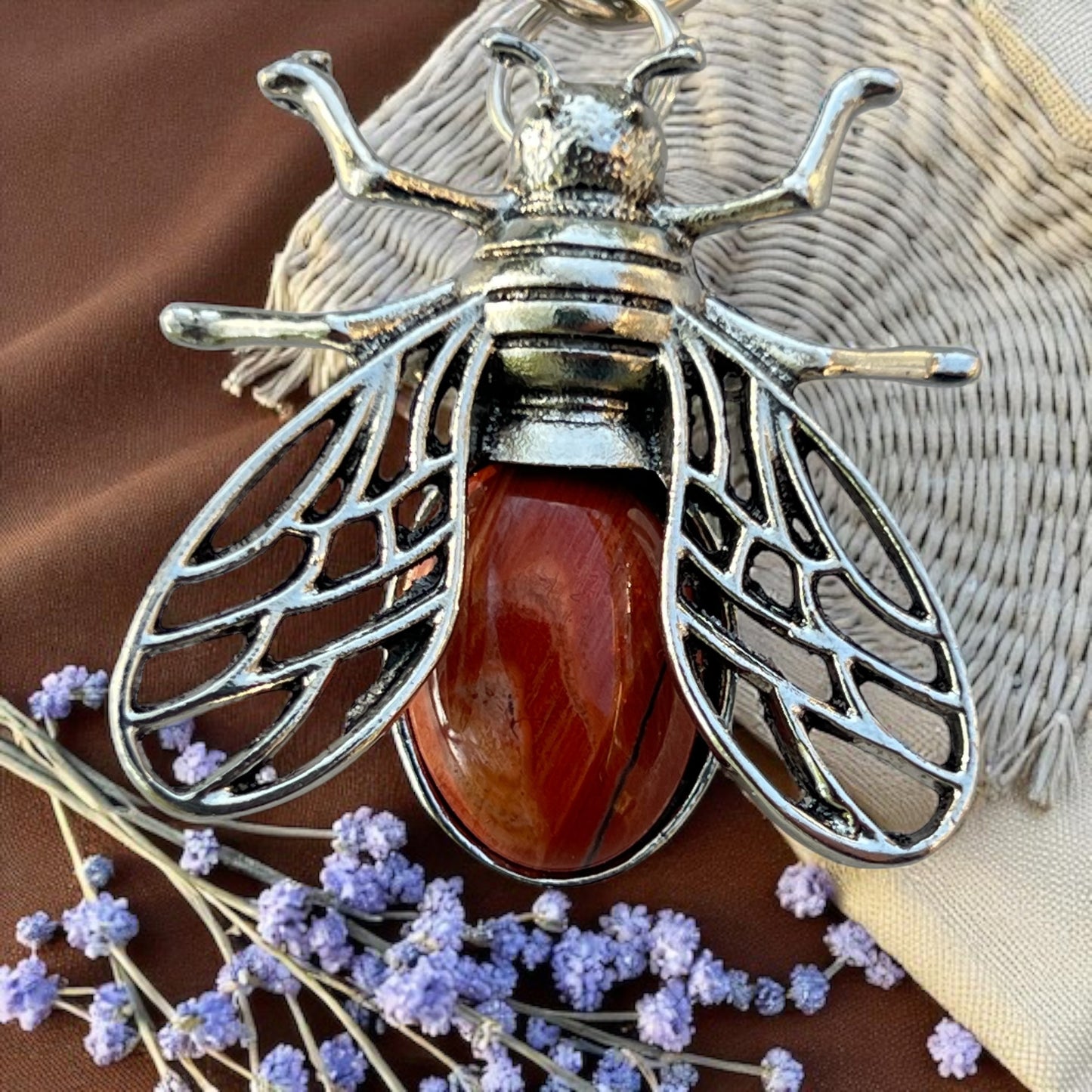 Red Jasper Bee Purse Charm – Silver Boho Bag Keychain Accessory