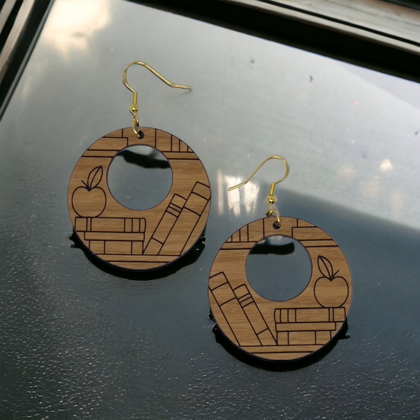 Apple & Books Wood Earrings – Boho Jewelry for Teachers