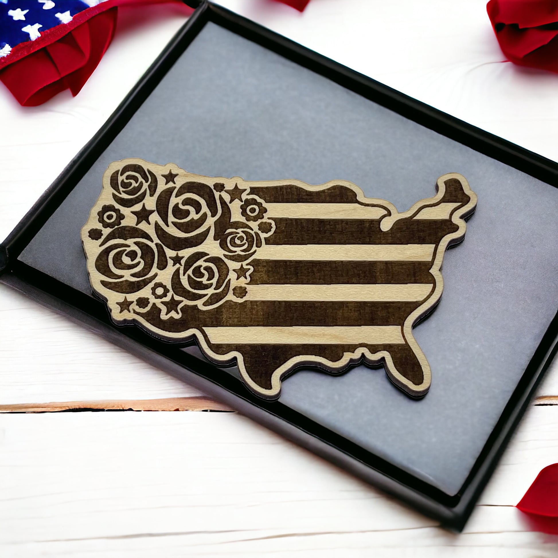 USA Shaped Magnet for Home Work School Office, Patriotic Decor Gift, Floral United States Flag Paintable Magnet, Boho Flower Wood Decoration