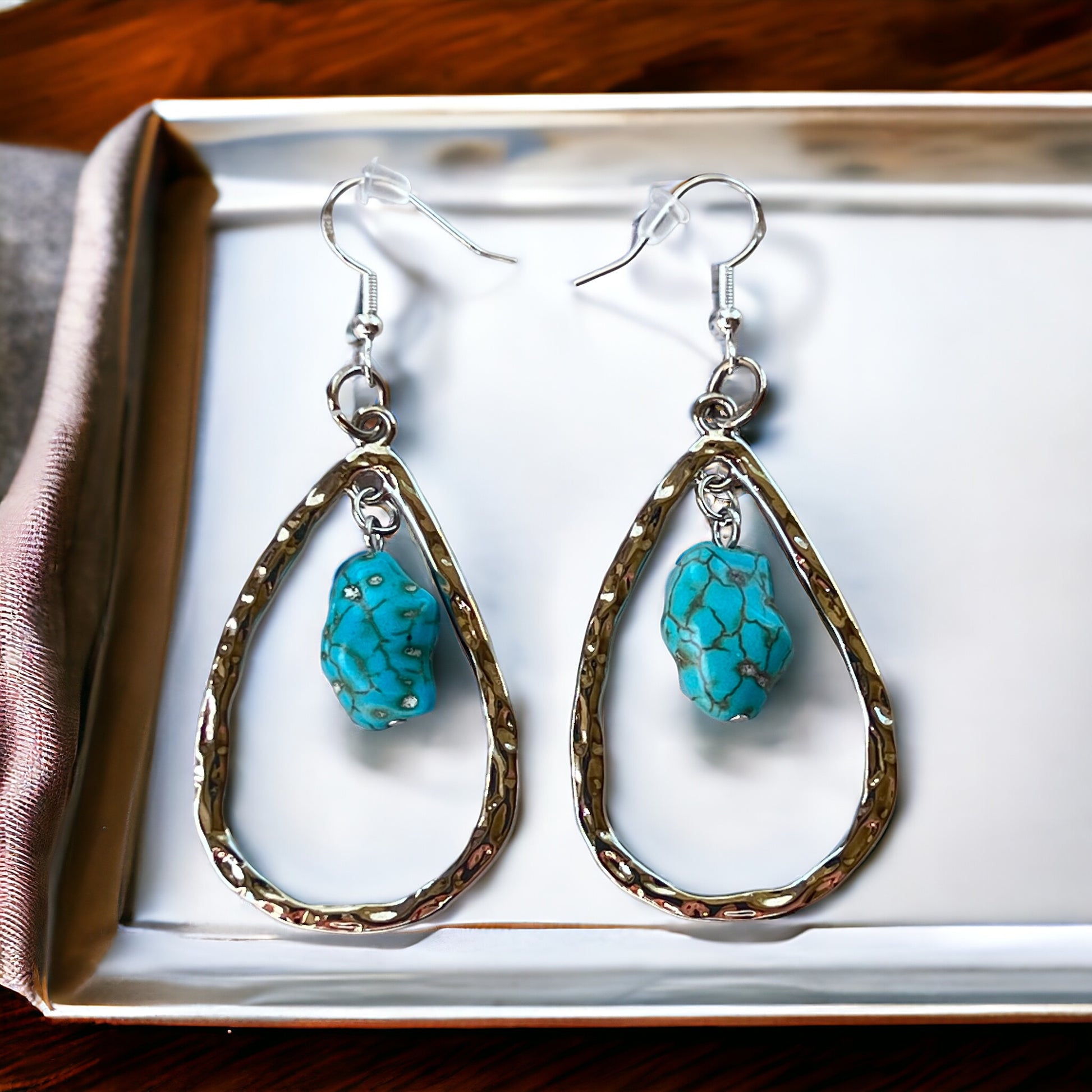 Hammered Teardrop Earrings – Turquoise Boho Western Jewelry