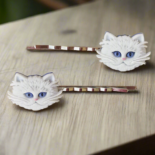 White Cat Hair Pins - Decorative Feline Bobby Pins Set of 2