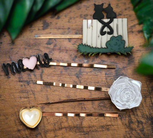 Cat, Flower, Heart & Meow Hair Pins - Feline Lover Bobby Pins