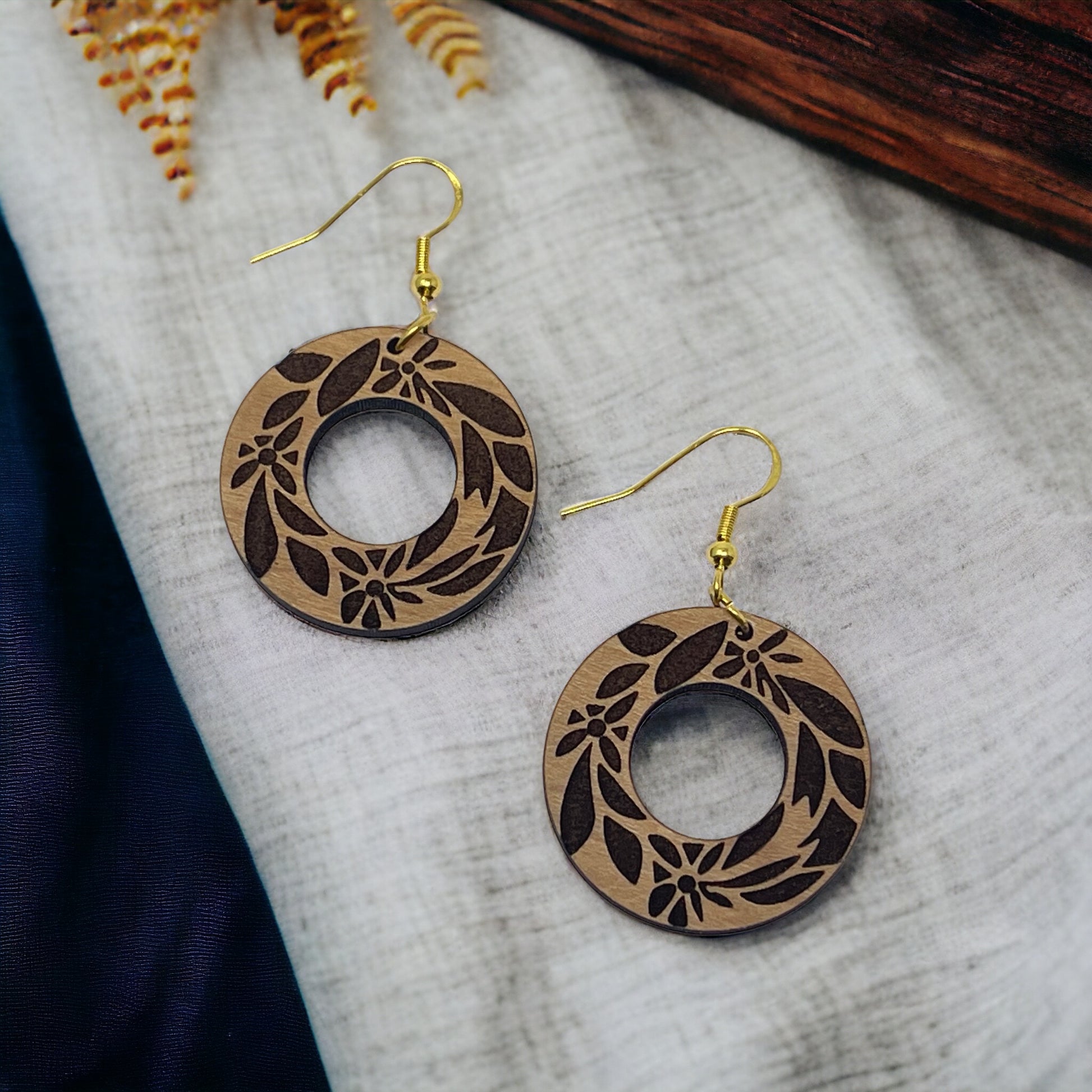Etched Floral Circle Wood Earrings – Lightweight Boho Botanical Jewelry