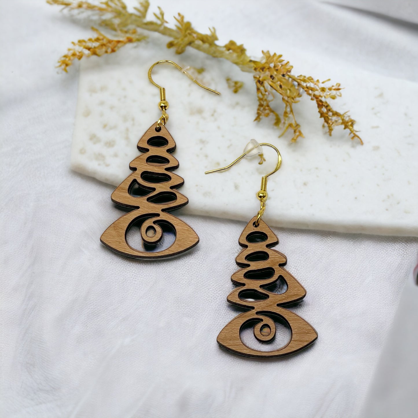 Mystic Pine Eye Earrings – Wooden Holiday Tree Jewelry with a Twist