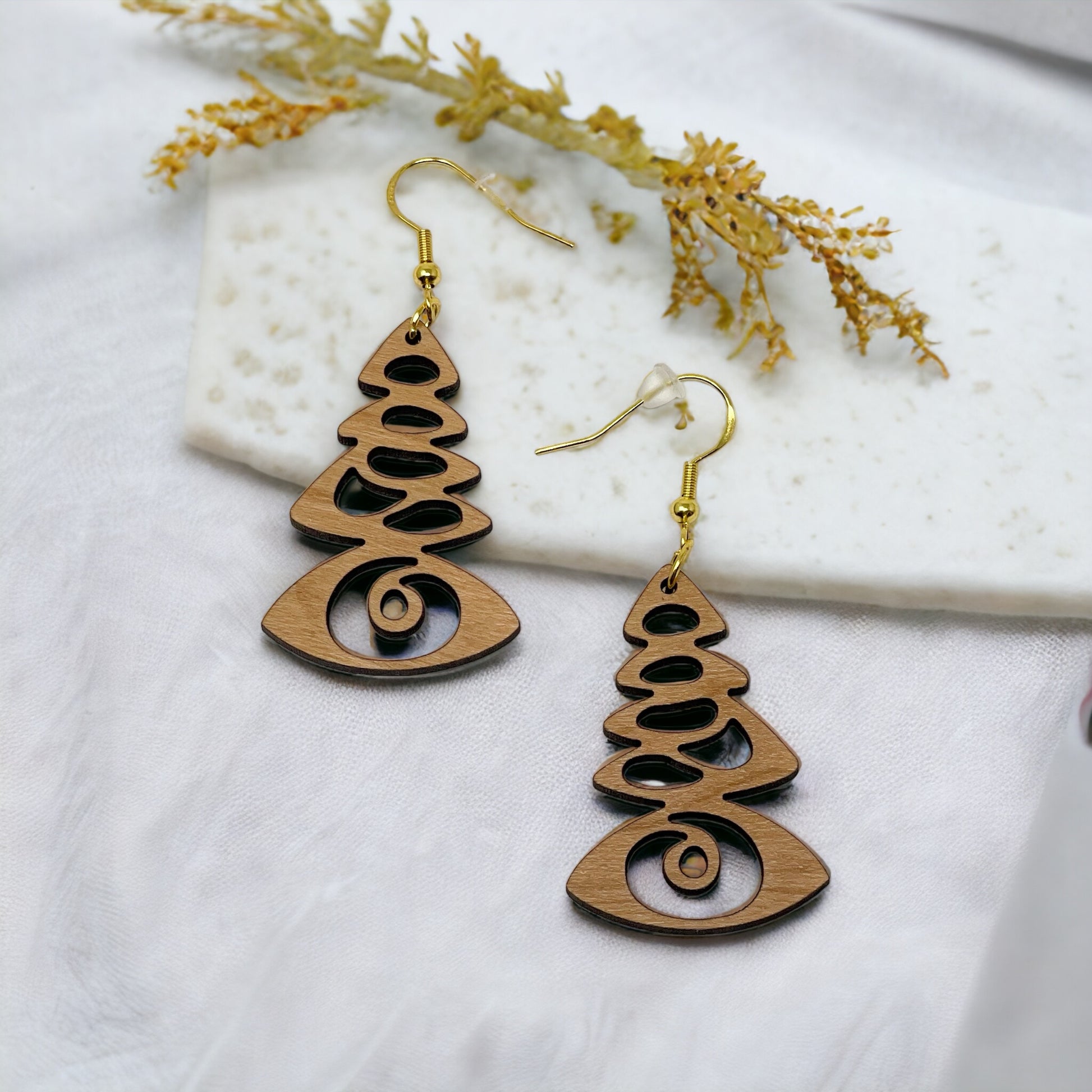 Mystic Pine Eye Earrings – Wooden Holiday Tree Jewelry with a Twist